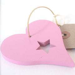 Wood Heart Hanging Star Pink Glitter