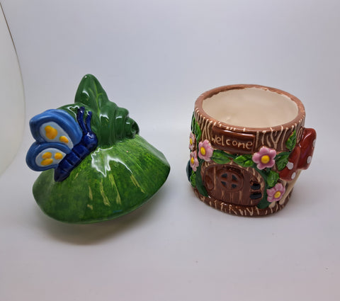 Ceramic Toadstool house pot with blue butterfly and lid