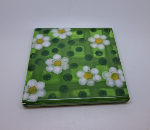 Ceramic square green coaster with white flowers