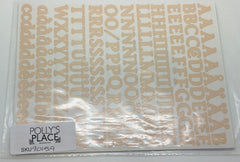 A package of clear vinyl letter stickers featuring uppercase and lowercase letters, numbers, and symbols in a light peach-beige color, with a white label at the bottom reading 'POLLY'S PLACE' and 'SKU 90159'.