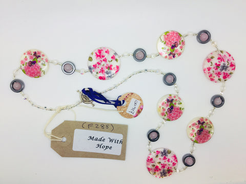 Floral & Butterfly circle beads with small rose quartz beads necklace