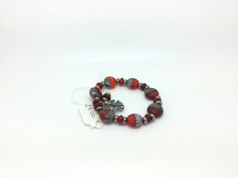 Grey & Red Glass Bracelet With Tiny Metal Beads
