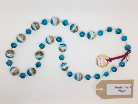 Turquoise, Grey & white glass bead necklace