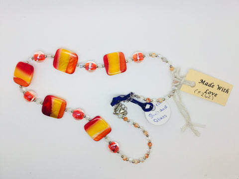 Orange & Red square & round glass necklace