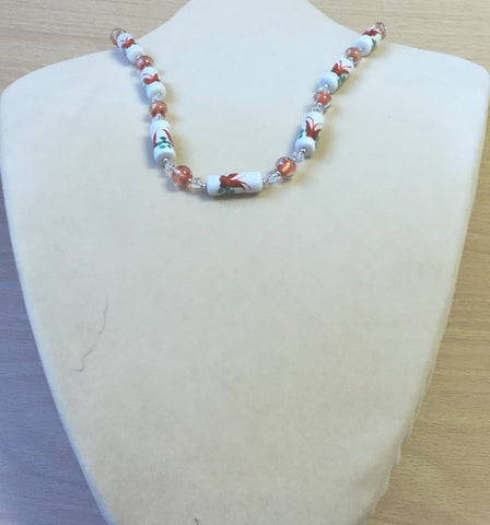 Orange Glass White Ceramic Flower Necklace