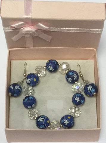 Azure Bead Glass Flower Bracelet Earrings