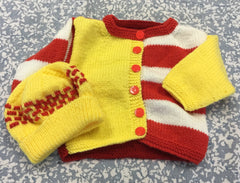 Knitted Yellow And Red Cardigan & Hat set