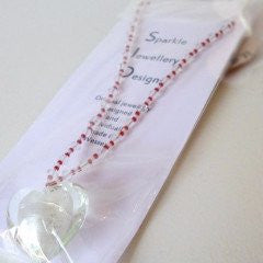 White Red Glass Crystal 3D Heart Silver Plate Chain Necklace