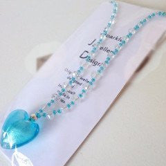 Turquoise Clear Foiled Glass Crystal 3D Heart Necklace
