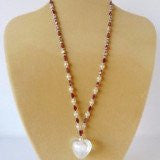 White Burgundy Glass 3D Heart Tibetan Silver Necklace