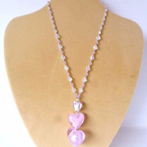Pink White Glass Crystal 3D Heart Necklace
