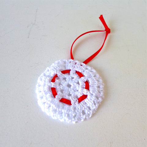 White with Red Ribbon Crochet Decoration