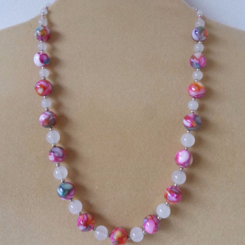 Pink Glass White Jade Necklace