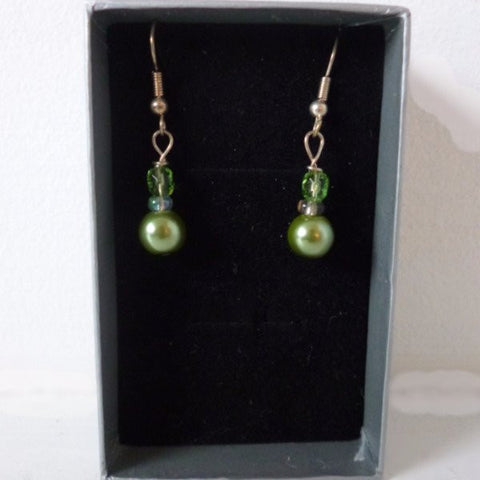 Green Pearl Silver Plate Earrings