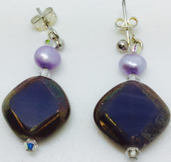 Purple Glass Silver Plate Earrings