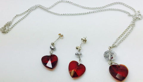 Red Crystal Heart Silver Plate Earrings Necklace